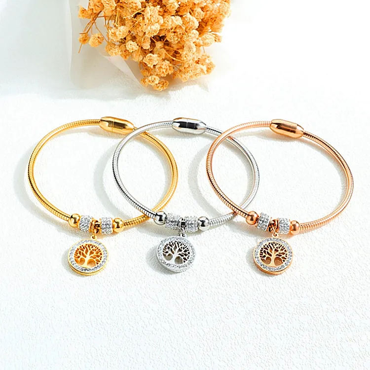 Wholesale CZ Tree of Life Charm Designer Non Tarnish Waterproof jewelry Gold plated Stainless Steel Bracelets Bangles For Women