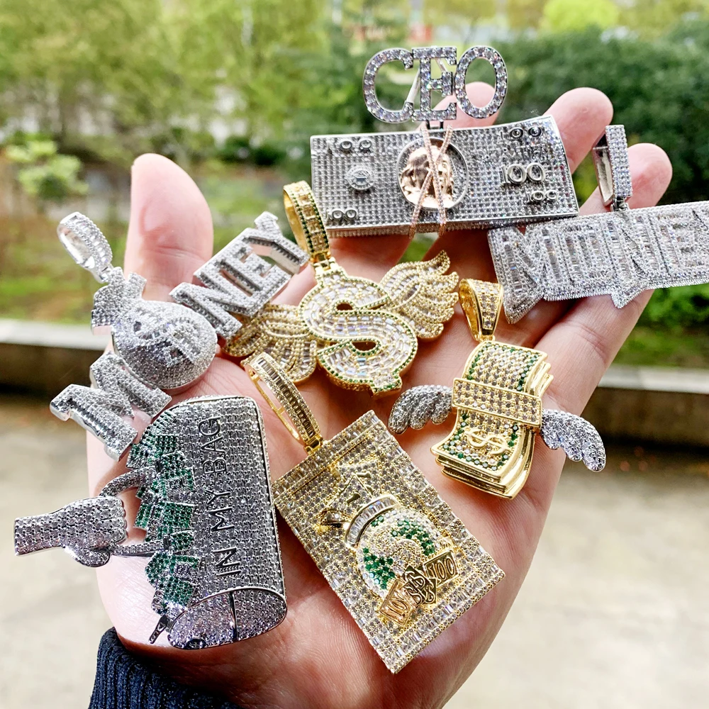 iced out bling hip hop men boy jewelry custom trendy dollar $ money bag letter baby bear pendant necklace