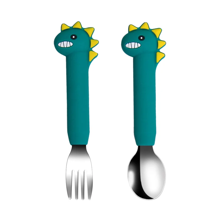 customizable Dinosaur shape baby silicone spoons forks toddler baby children feeding training spoon and fork