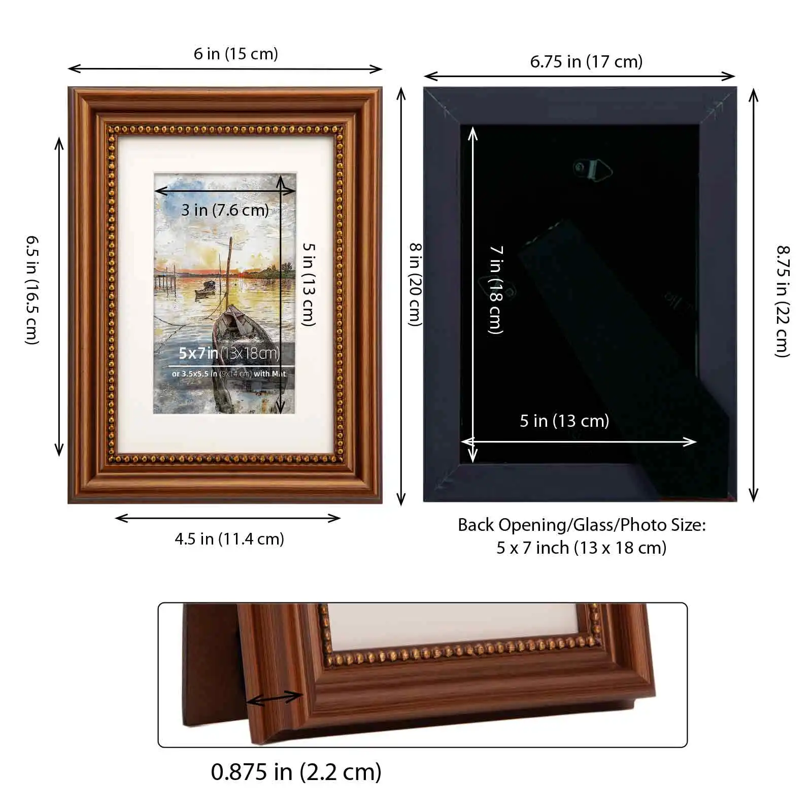 5x7 2pcs Frame Display Gold Ornate Beaded Inner Wall Mounted Tabletop Wood Photo Picture Frame