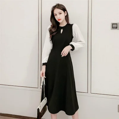 
French long-sleeved dress 2020 autumn and winter new Korean style fashion lace-up waist is thin and small black maxi dresses wom 