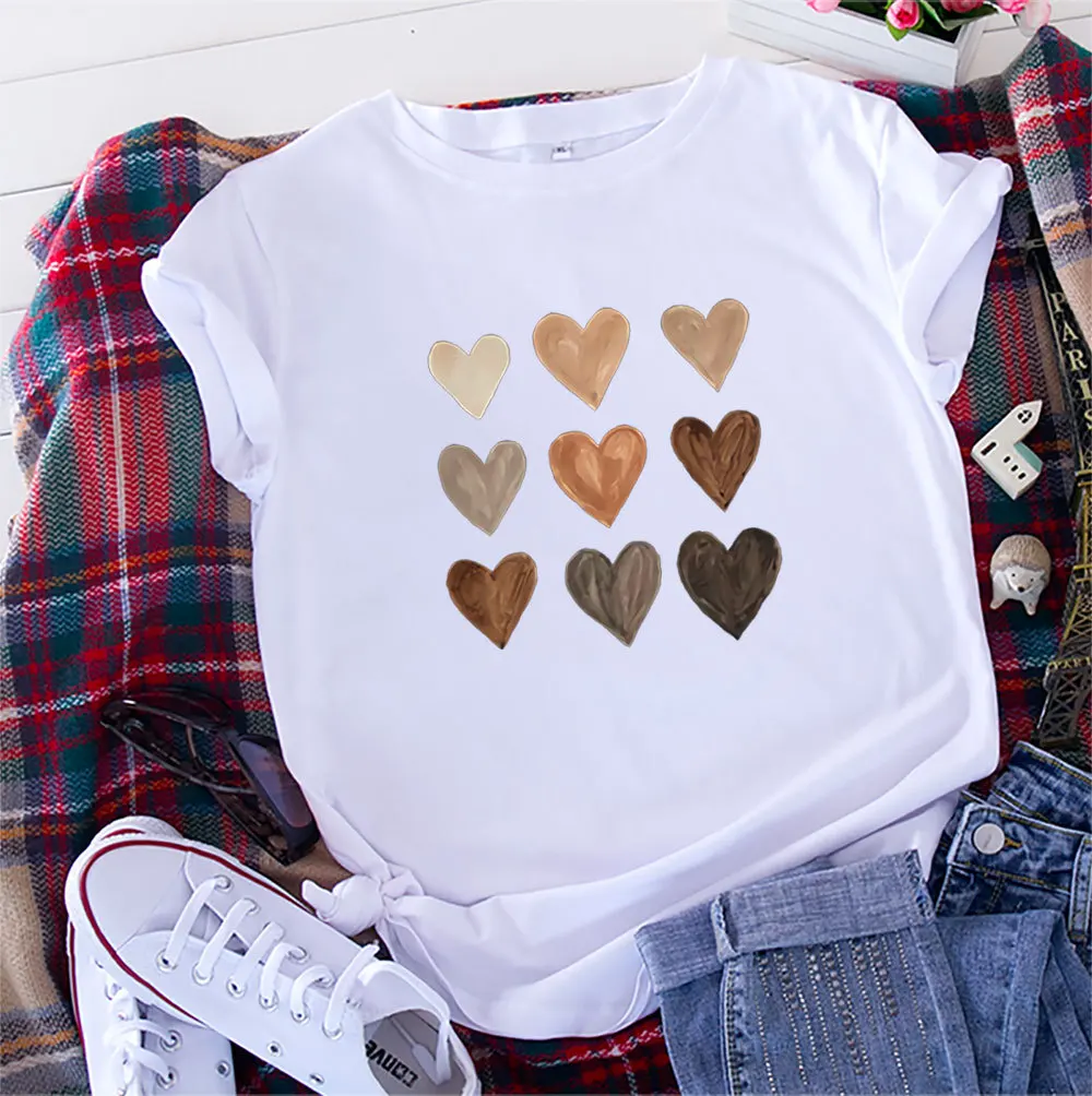 loose shoulder-length retro print hearts white tshirt 100% cotton fat women fashion clothes styles big size t-shirts