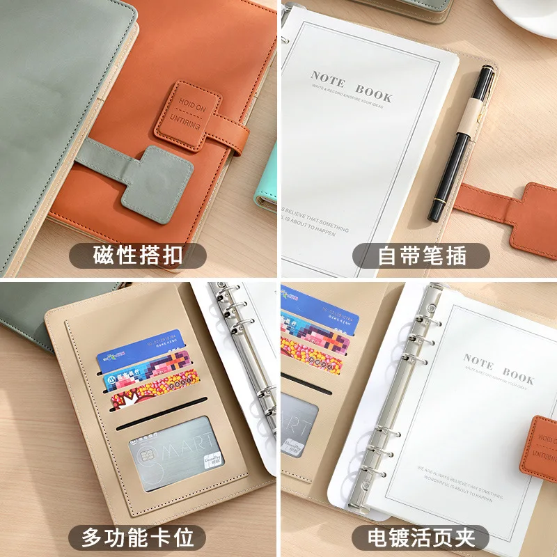 Free Sample Notebook PU Business a5 6 Metal Ring Six Holes Loose-leaf Budget Binder Leather Notebook with Pen Loop Buckle