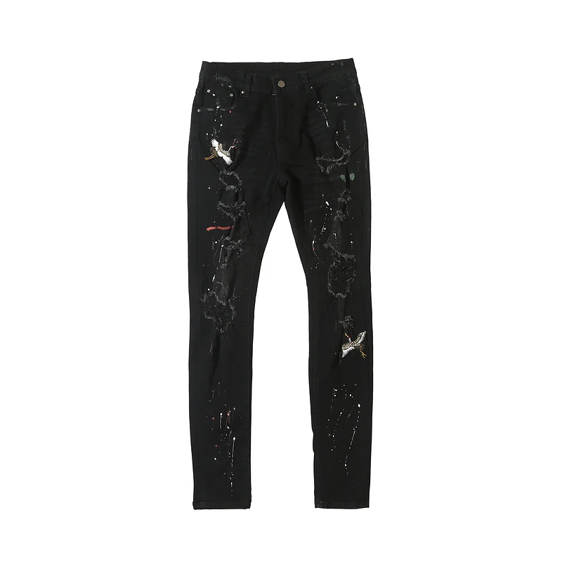 
OEM wholesale new model jeans men skinny ripped blue denim embroidery track jeans 