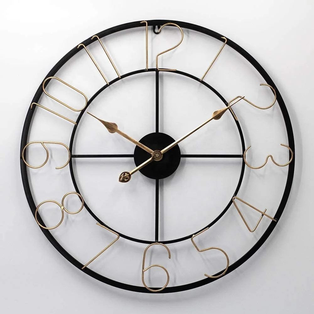 
24Inch Large Distressed Metal Non-Ticking Quiet Modern Industrial Style Arabic Numbers Iron Wall Clock for Home, Living Room 