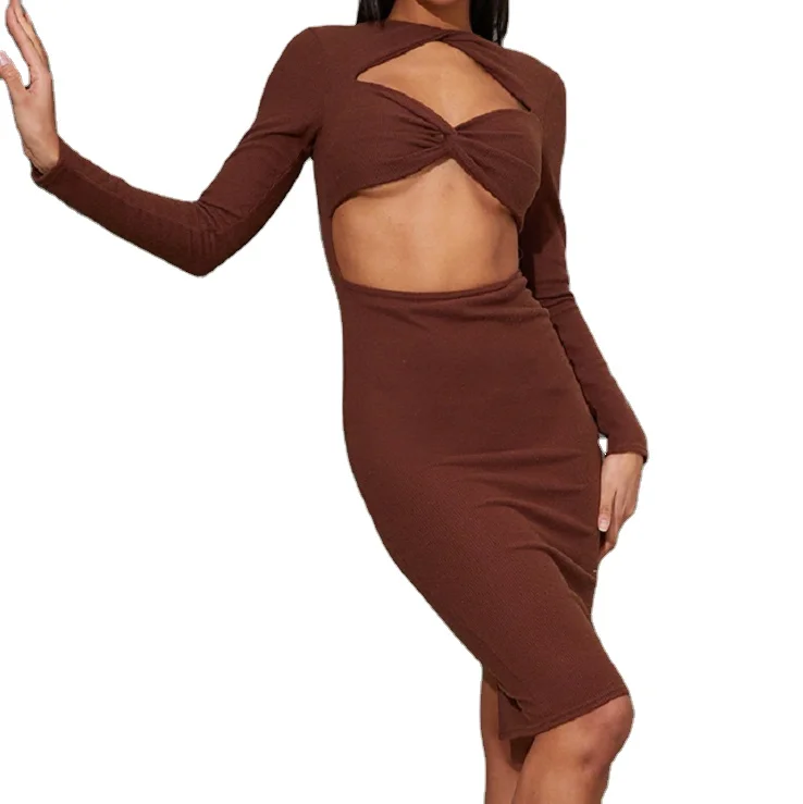 Stylish Long Sleeve Ladies Cross Knot Hollow Out Knit Sheath Dresses Women Twist Front Sexy Tight Cut Out Bodycon with Slit