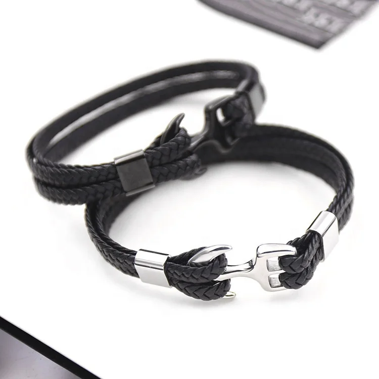 Hot Selling Accessory High Finish Custom Stainless Steel Anchor Braided Black Leather men bracelets bangles