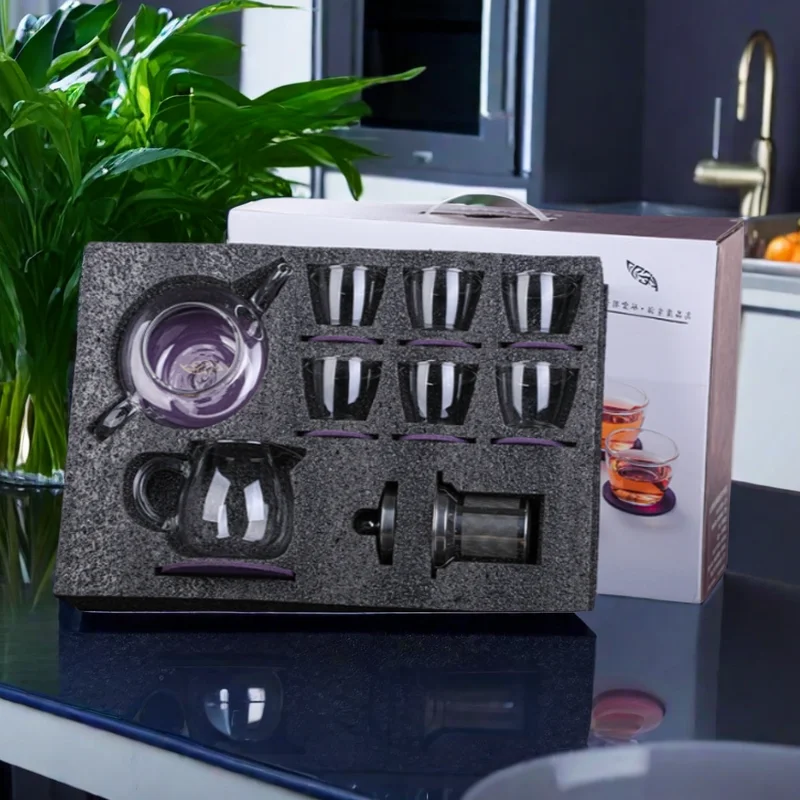 Glass coffee tea set one glass pot 6 cups units business gift OEM Paper box packing tea whisk set