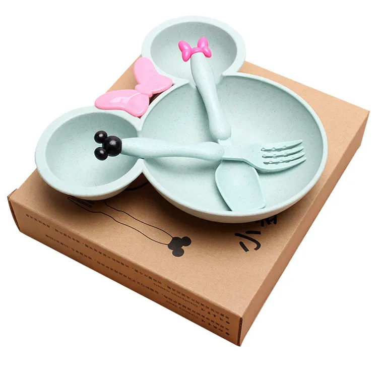 AMZ hot sale 3pcs BPA free plate children cutlery dinnerware dishes wheat straw baby tableware set with knife and fork