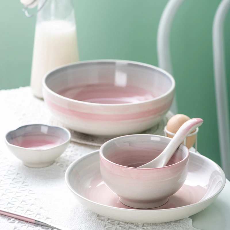 Elegant Blue&Pink Underglaze Porcelain Reactive Glaze Stoneware with Dessert Plate Cup&mup Bowl Tableware Ceramic Dinnerware Set