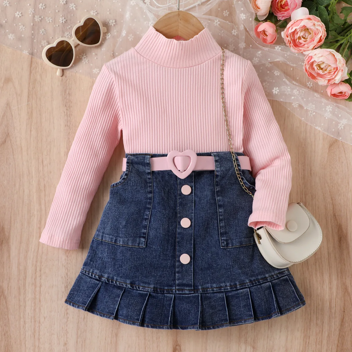 Factory Baby Clothes Girls 10 Colors Girls Clothing Set Cotton Striped T shirt Denim Skirt heart Shape Belt Children Clothing