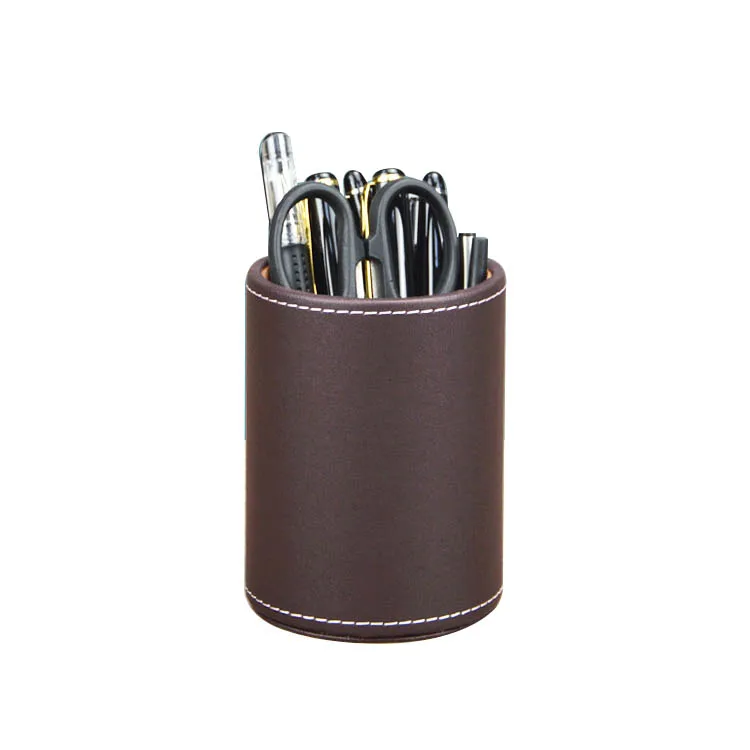 Promotion Kids Black Round Leather Multi-Function Desktop Stationery Organizer Pen Pencil Holder