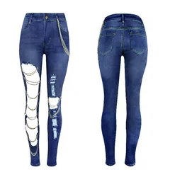 Fenyway  New arrival women skinny chain blue pencil pants fashion ladies ripped jeans