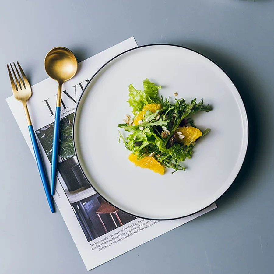 Wholesale Custom Porcelain Dinner Plate Set Round White and Black Rimmed Dishes