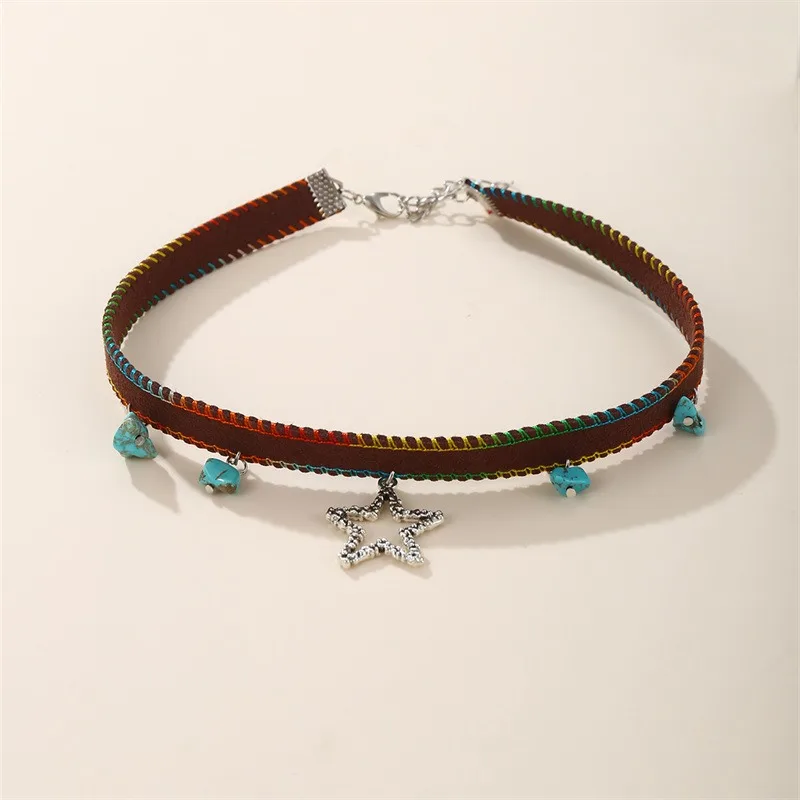 Factory Wholesale Western Denim Style Leather Neckchain Personalized Bull Head Five pointed Star Pendant Necklace