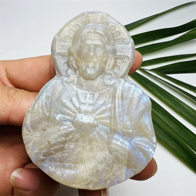 Bulk Wholesale Natural Hand Carved rainbow Blue Moonstone Santa Maria Jesus Carving for Gifts