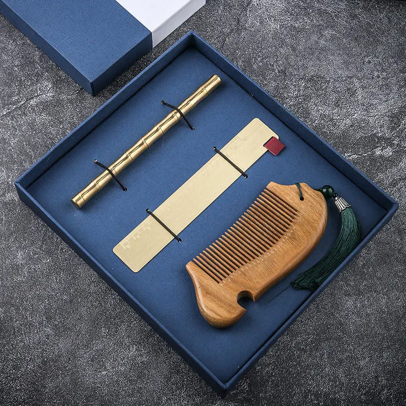 2022 Chinese style novelty gift bookmark sandalwood comb gift box set hairpin signature pen business gift