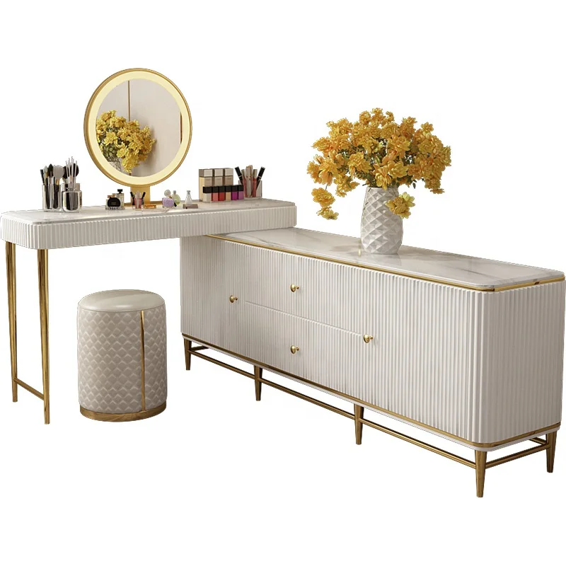 Modern luxury white bedroom combination dressing table storage cabinet integrated multifunctional  marble surface dressing table