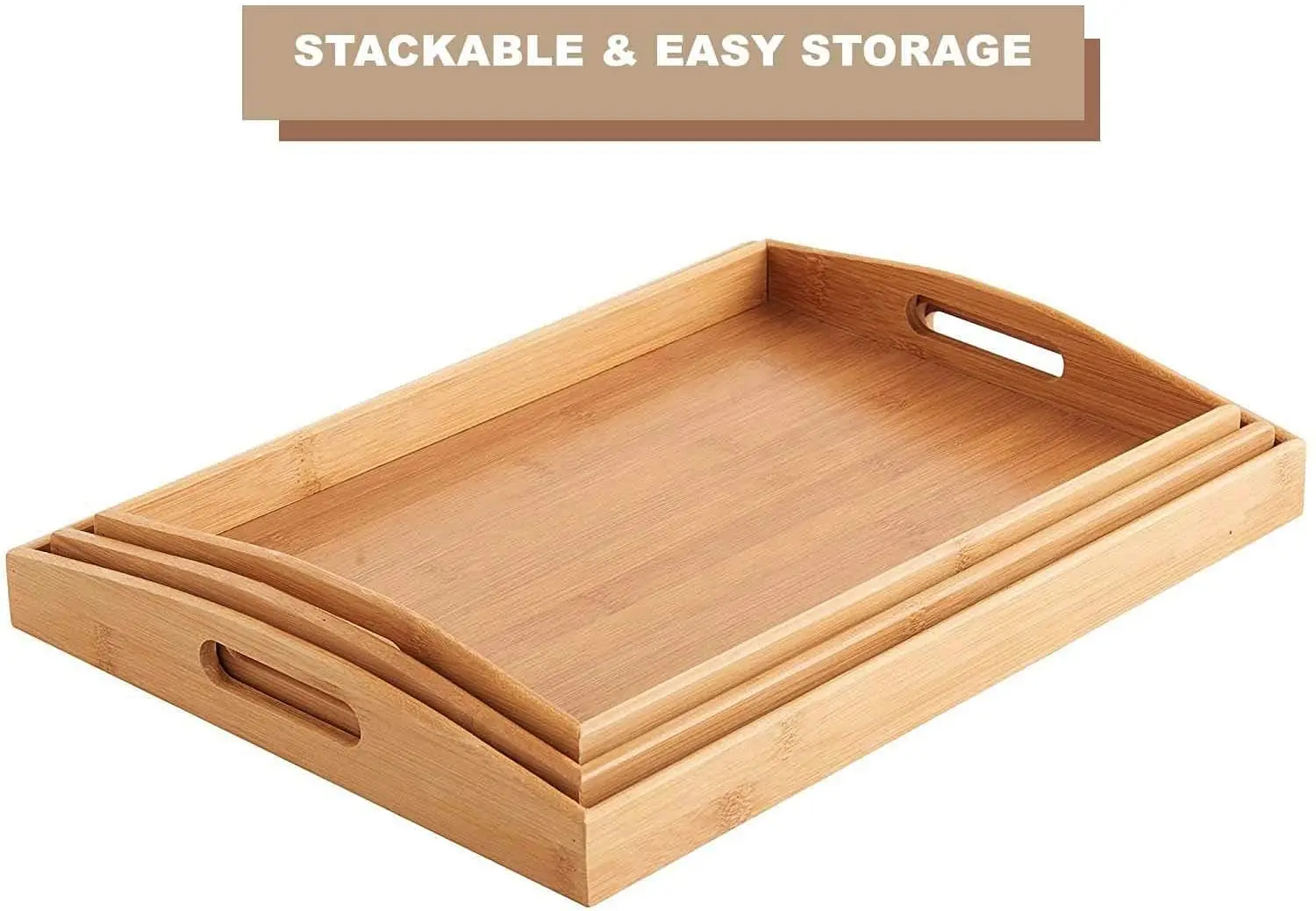 Serving Tray Set, Bamboo Serving Tray Set with Handles - Set of 3, Large, Medium, and Small Tray, Multi-use Bamboo Wood Serving