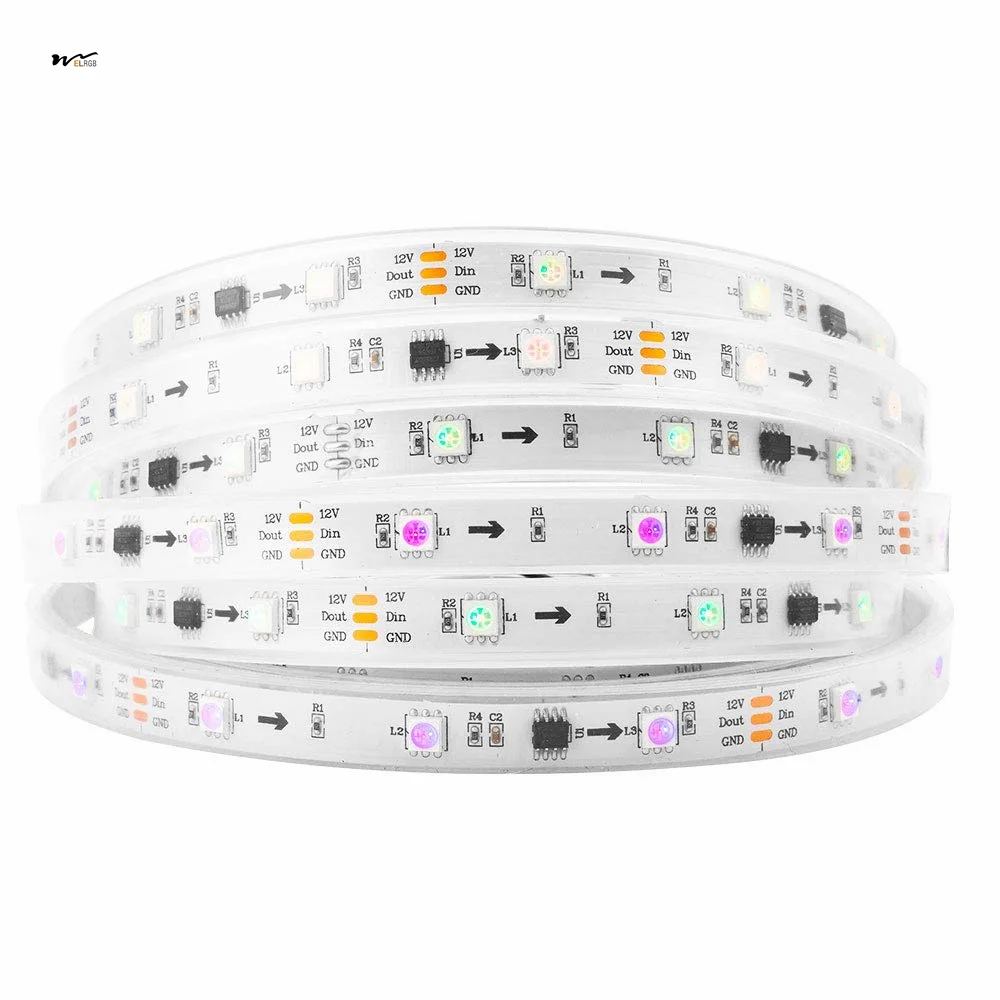 RGB+IC Addressable Dream Color LED Strip 16.4FT 60LEDs/m 20Pixels/m Non-Waterproof White PCB Flexible DC12V Chasing Effect