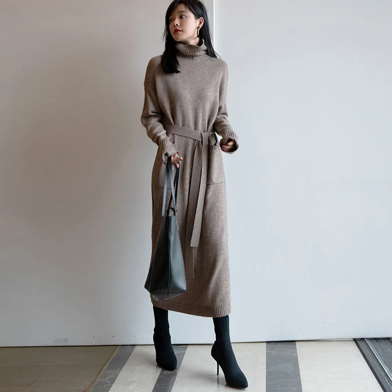 2025 Spring New Arrival Fashion Lady High Heck Long Sleeve Super Long Slim Fit Women  Sweater Dress