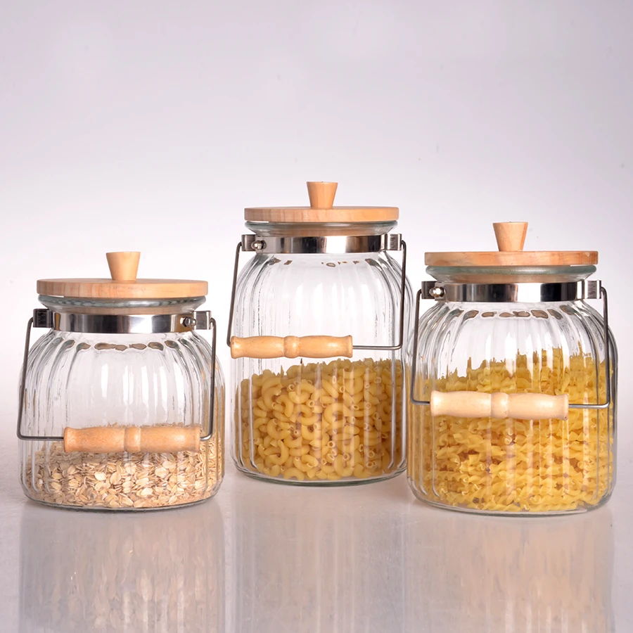 wholesale clear kitchen preserve food glass spice storage jar with airtight wooden top and handle