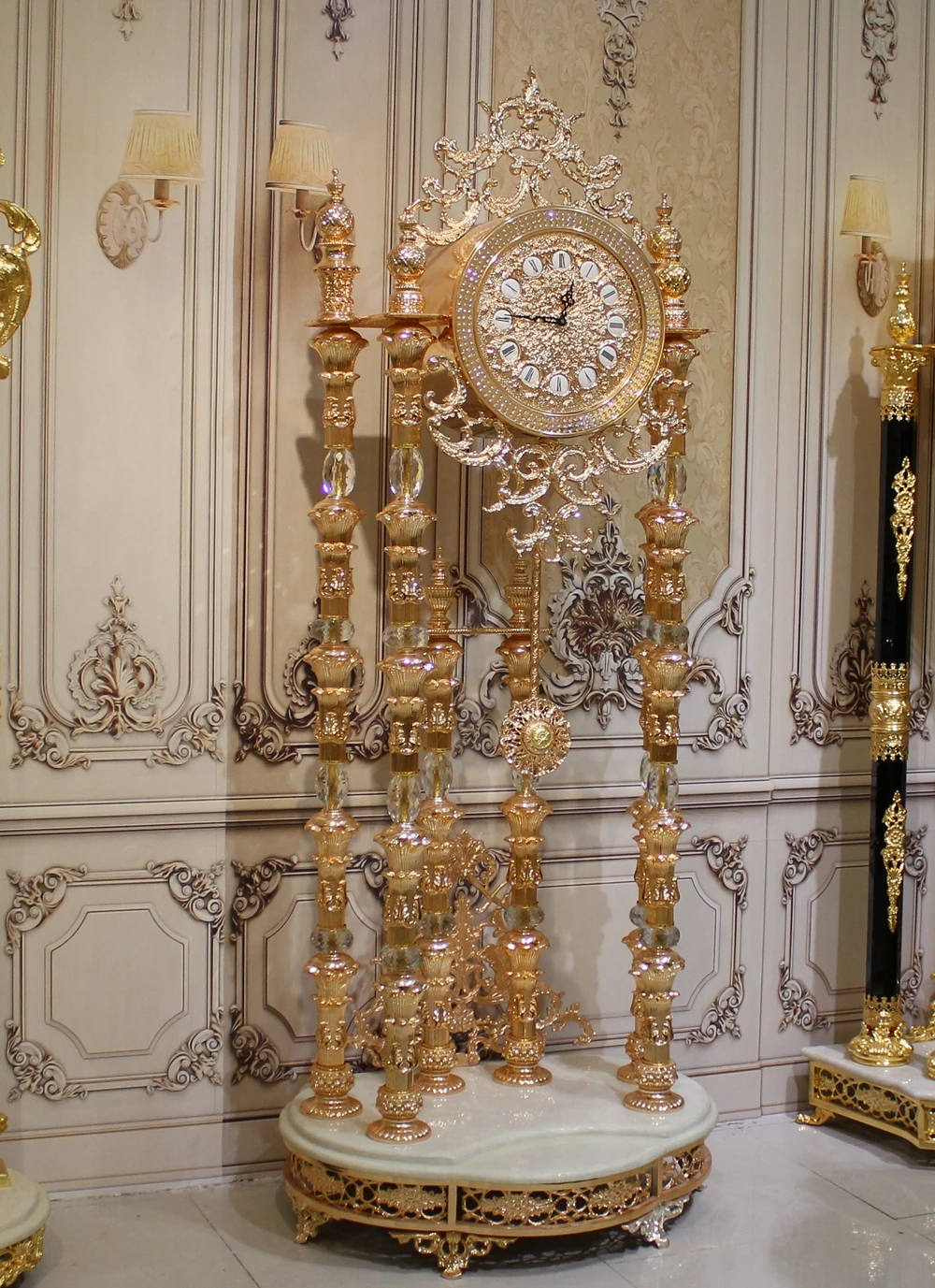 Luxury Golden Bronze Grandfather Clock Royal Crystal Standing Clock Antique Floor Clock