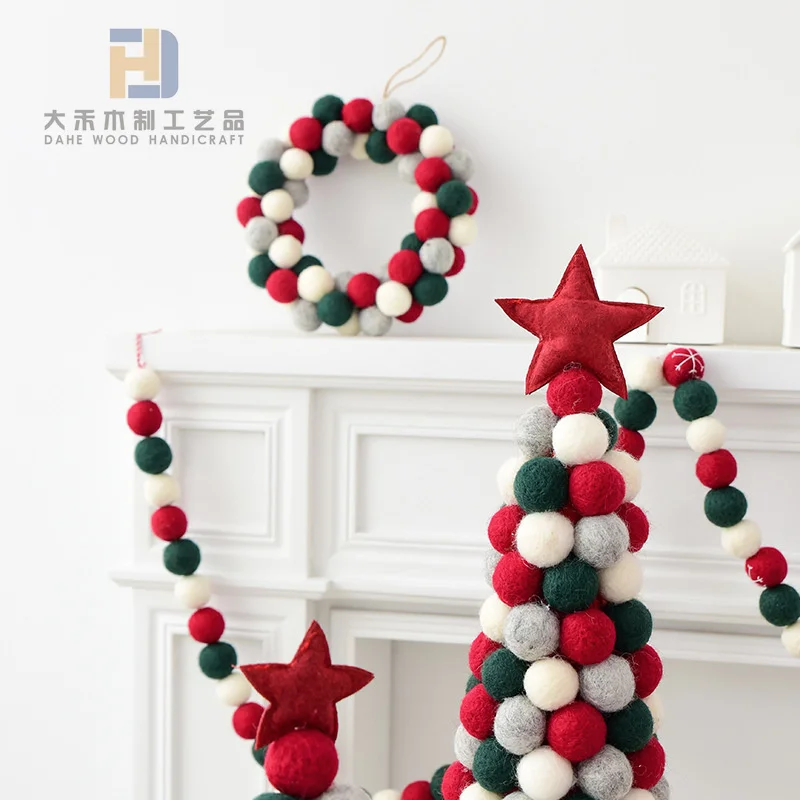 Creative Christmas Felt Tree Wool Ball Wreath Felt Garland Custom Crafts for Xmas Table Party Decoration Wall Hanging Ornaments