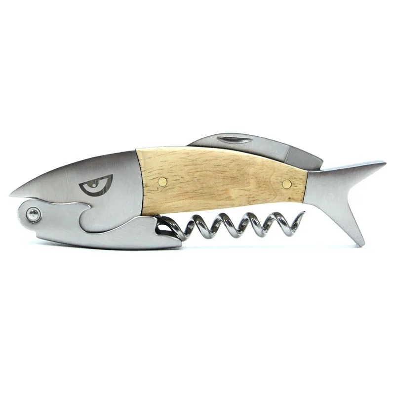 Selco Fish Shaped Wine Opener Wood Handle Professional Metal Openers Multi-function Portable Screw Corkscrew Wine Bottle Opener