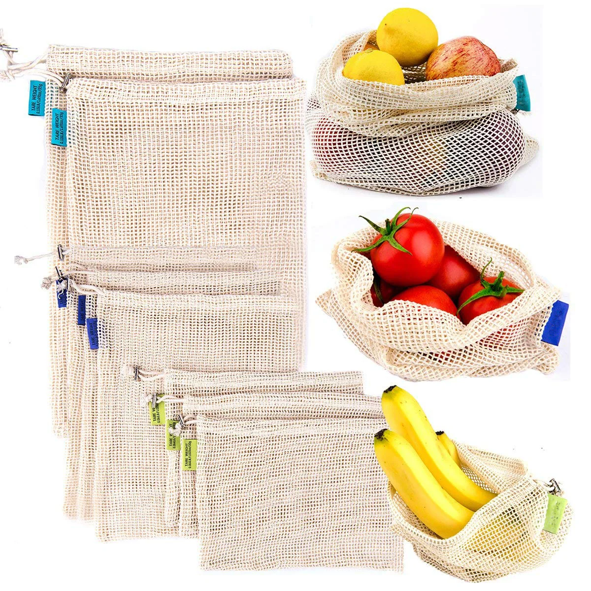 100% Organic Cotton Mesh Net Cloth Food String Custom Logo Washable Storage Drawstring Shopping Bags for Fruits and Produce