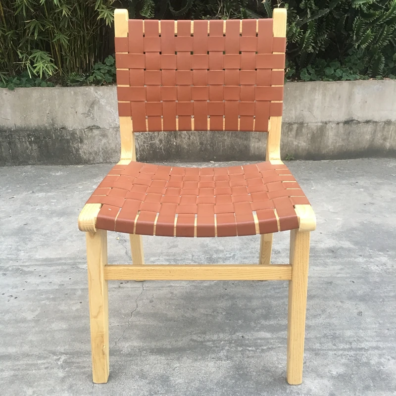 Nordic style design Solid teak saddle leather braided seats Stackable dining chairs suitable for cafes, restaurants and hotels