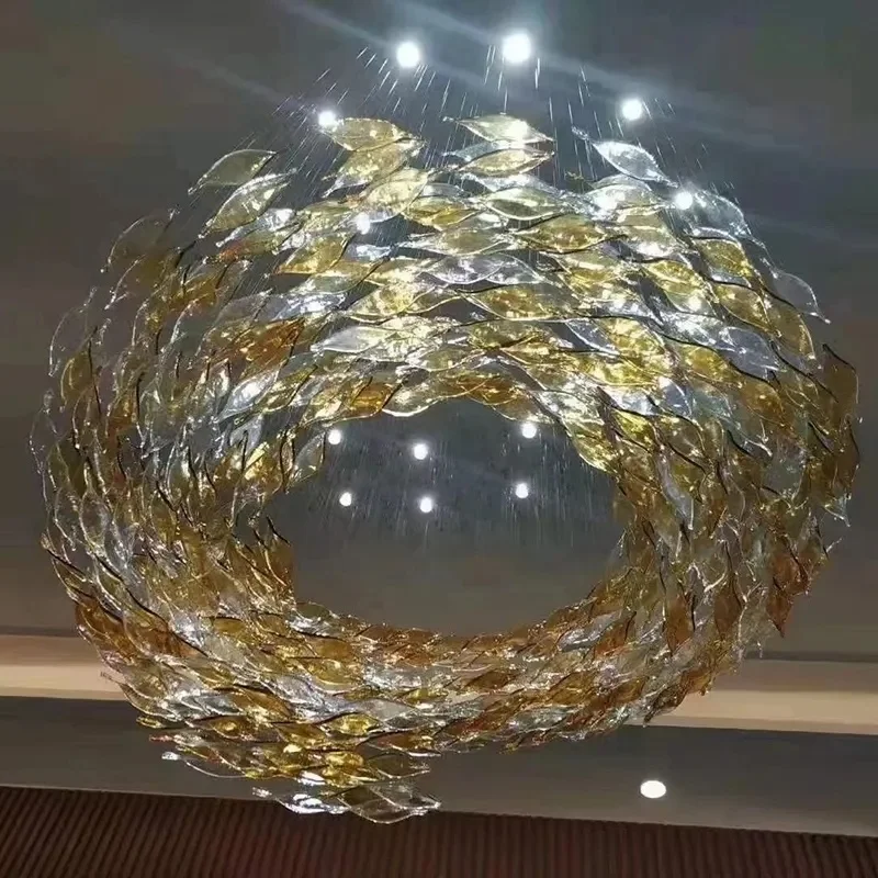 Luxury Ceiling Hanging Lamps Decorative Golden Twisted Glass Leaf Chandeliers for Restaurant Lobby Living Room Villa