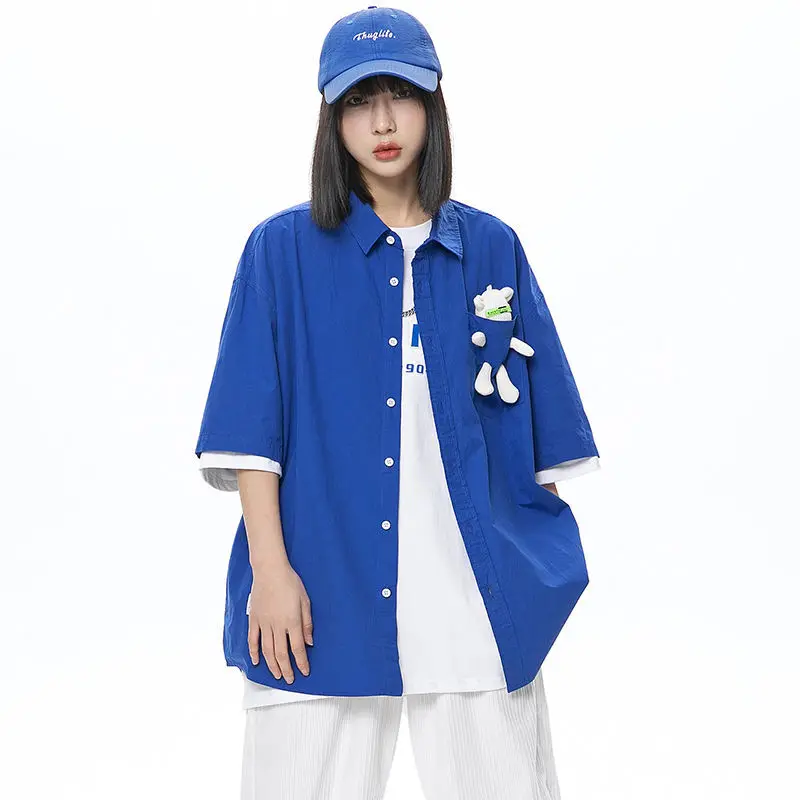 Summer White Collared Shirt Women Kawaii Short Sleeve Blouse for Teen Girls Japan Style Sweet Solid Button Up Cute Tops