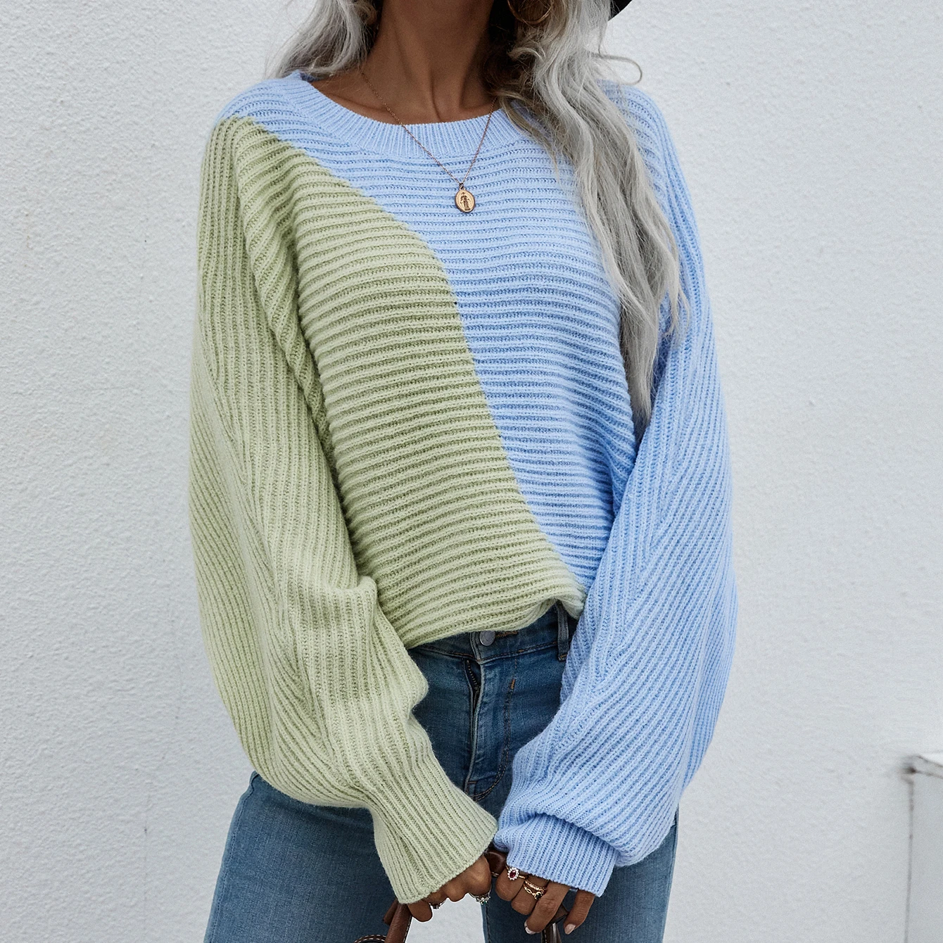 Contrast color long-sleeved sweater autumn and winter new round neck pullover sweater