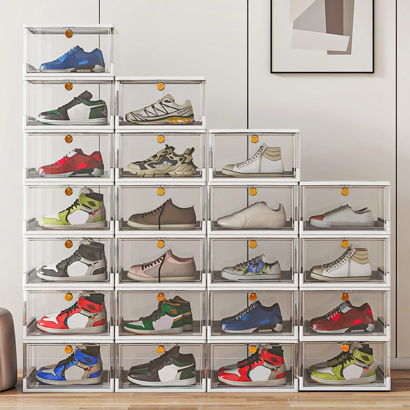 Transparent Stackable Shoe Storage Bins Foldable Sneakers Organizer Boxes Drop Front Plastic Shoe Organizer