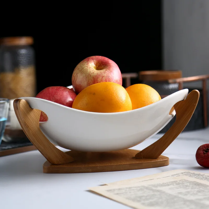 
Nordic white ceramic large fruit bowl salad bowl with bamboo stand 