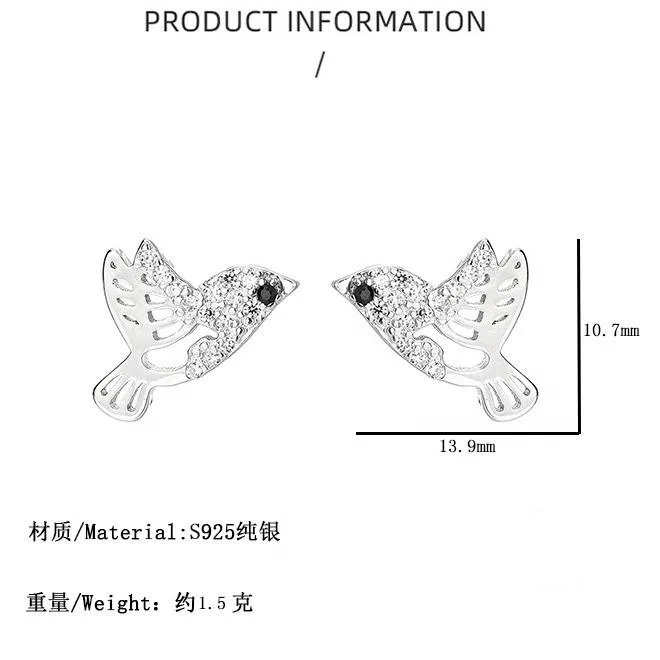 New 925 Sterling Silver Lovely Little Zircon Animal Bird Earring Custom Jewelry Stud Earrings For Women Girls