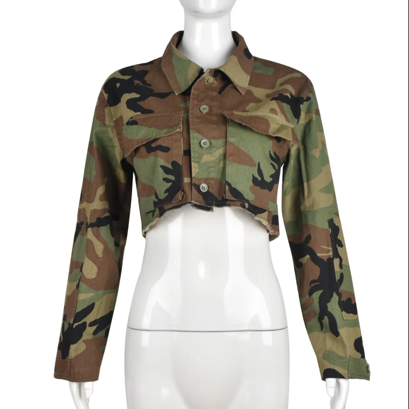 2022 European and American autumn and winter camouflage pocket cardigan outdoor washing long sleeve short coat
