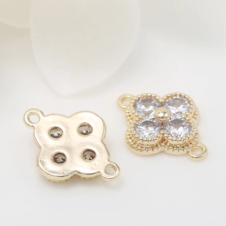 New Design 14K Gold Plated Inlaid Zircon Four Clover Shape Charm for Diy Jewelry
