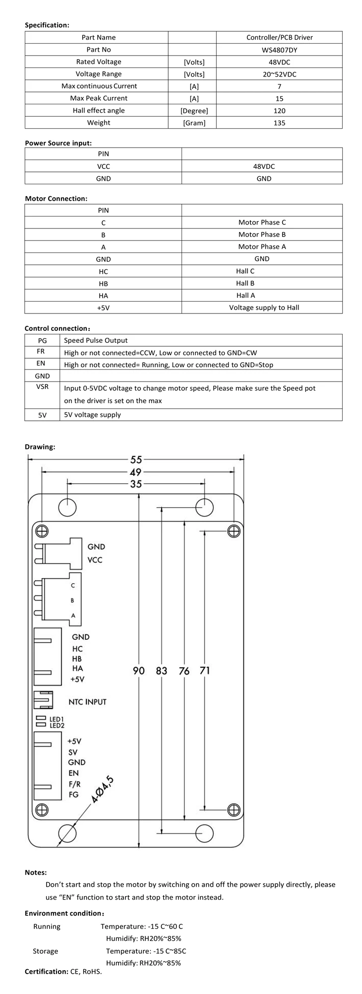 48 В Wonsmart WS4807DY драйвер для бесщеточного воздуходува постоянного тока с стабильной производительностью и высоким качеством