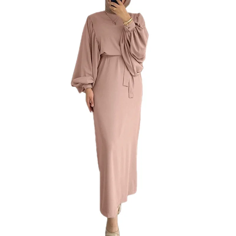2023 Hot Sale Elegant Solid Color Dubai Abaya Muslim Dresses For Women Casual Lantern Sleeve Robes Muslim Prayer Dress Abayas