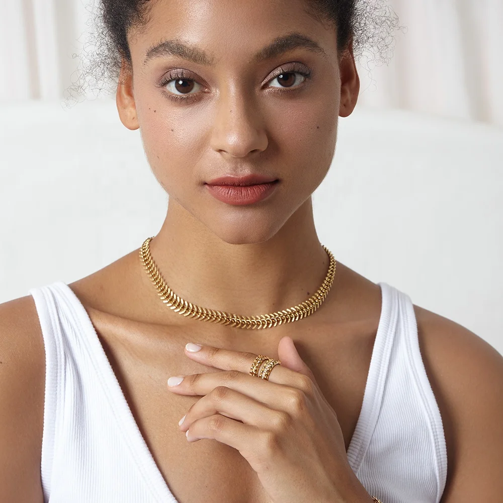 18K Gold Plated Stainless Steel Jewelry Spike Chain Embossing Craft Accessories Necklace P203074 1