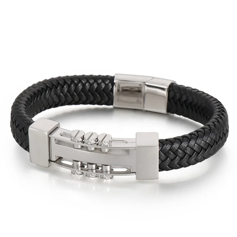 New fashion jewelry stainless steel metal rivet punk style magnet buckle leather bracelet