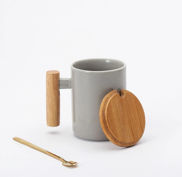 gift box packaging bamboo lid wooden handle ceramic coffee mugs porcelain mug with lid and spoon