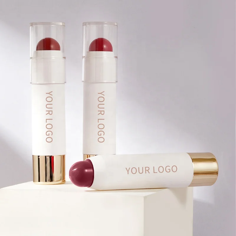 Transparent Cover Round Tip Blush Stick Tube Private Label Pink Flash 3in1 Makeup Highlighter and Multi Use Cream Blush Stick