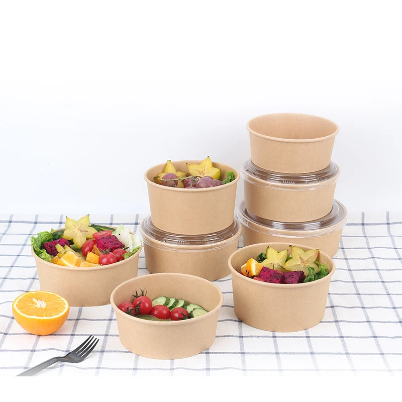 Paper takeaway food bowl fruit salad packaging fast food kraft container with plastic lid