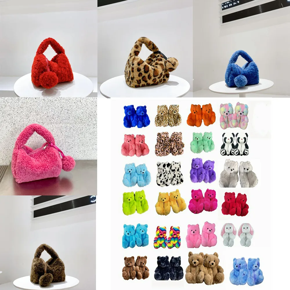 2021 Winter Warm Ins Trendy Designer Plush bag Free Bear Slippers Luxury Soft Faux Fur Women Hand bag Set
