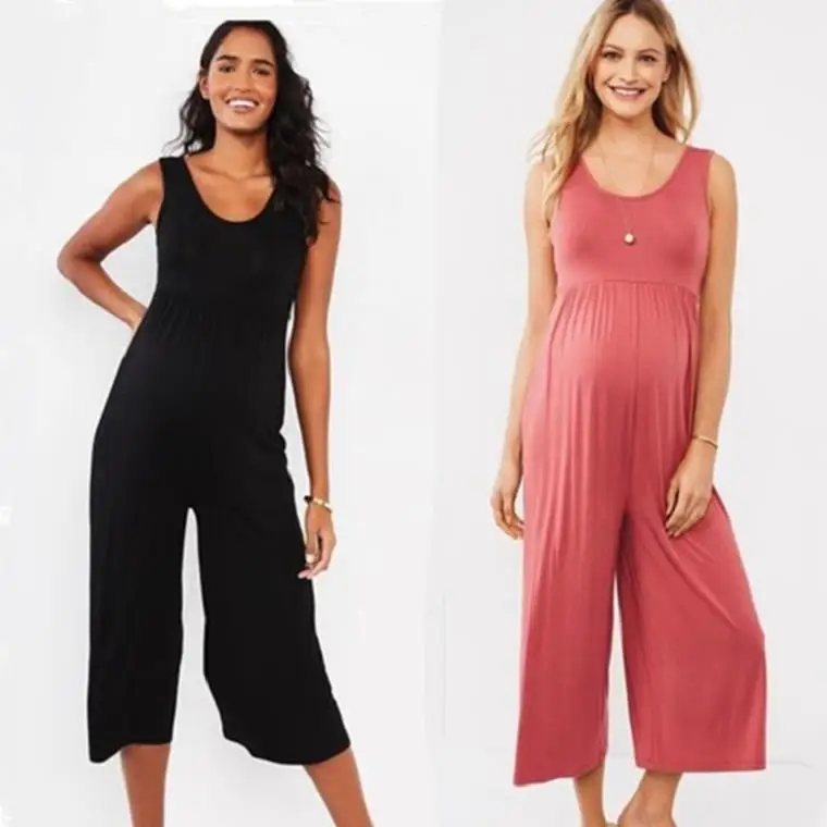 
2020 Hot Sale In Summer Pregnant Women Clothing Fashion Casual Solid Color U Neck Sleeveless Capri Pants Wide Leg Women Jumpsuit 
