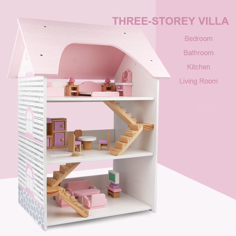 Custom Mini Dollhouse Wooden Model with 3 Sets of Miniature Furniture and DIY Toy Box Unisex Toy for Girls