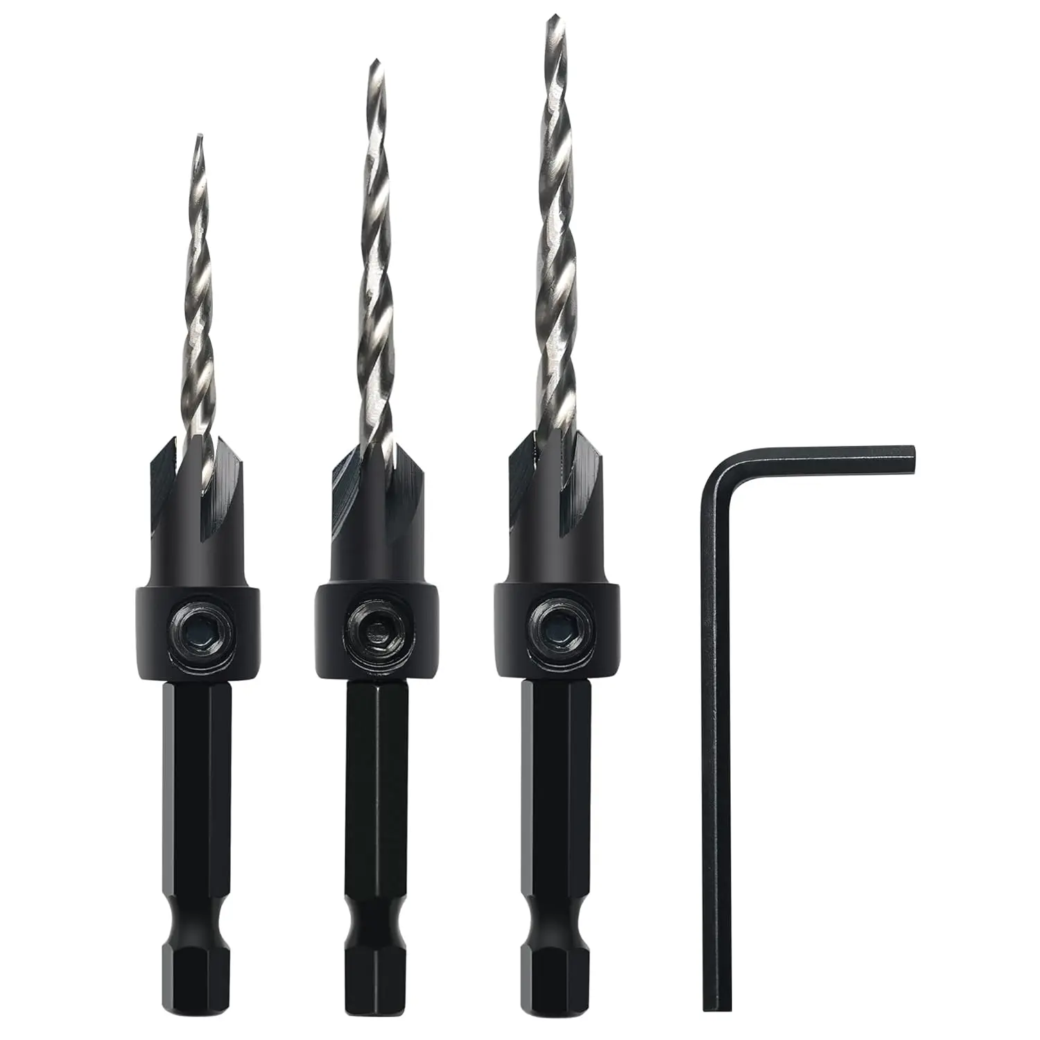 Countersink Drill Bit Set 3Pc Tapered Drill Bit M2 HSS with 1/4 Hex Shank Quick Change Wrench Counter Sinker Set for Woodworking